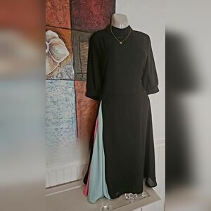 Large, Black, sheer dress. With a touch of pink and light green.